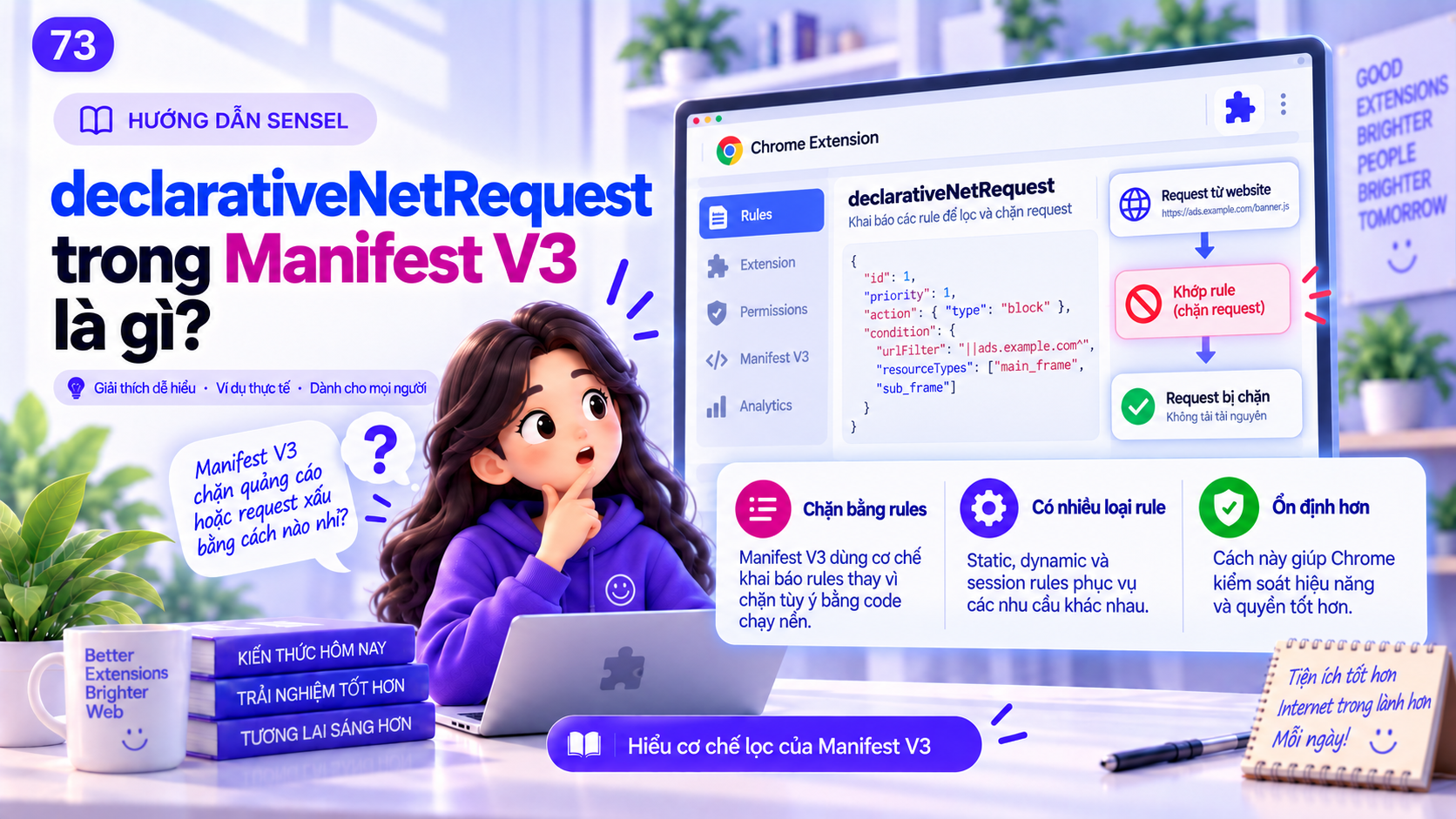 Minh họa Manifest V3 và declarativeNetRequest với các rule lọc request trong Chrome extension