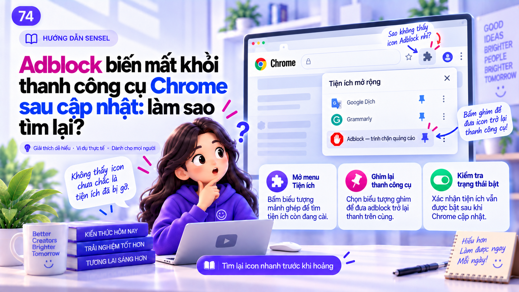 Minh họa icon adblock biến mất khỏi thanh công cụ Chrome sau cập nhật và menu Extensions để tìm lại