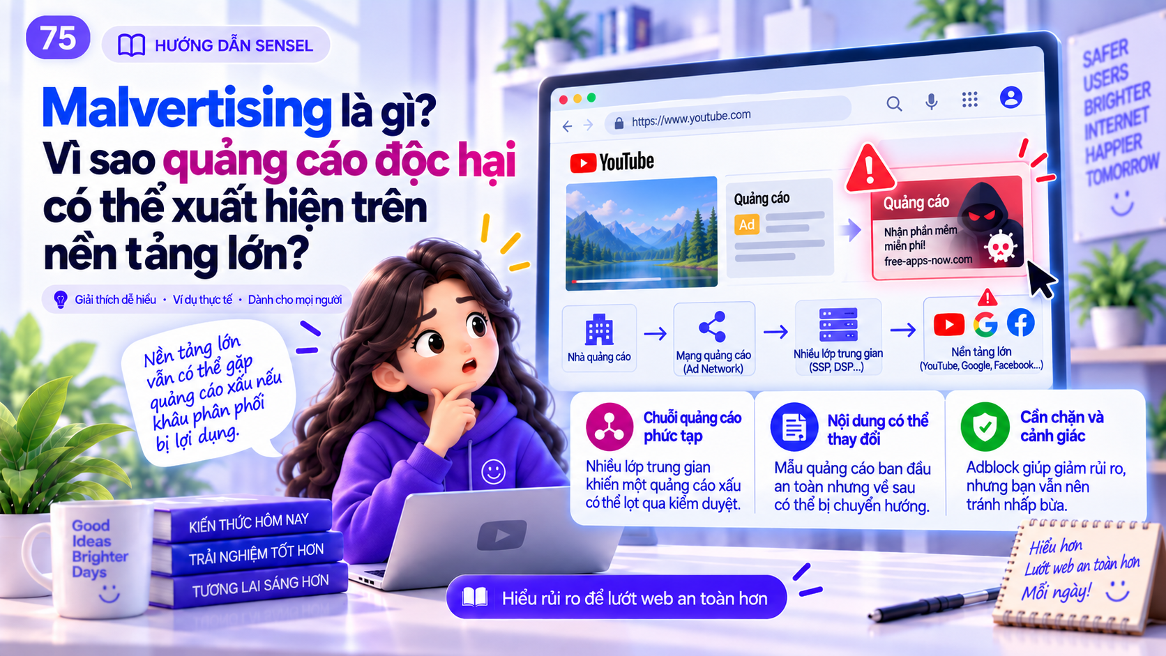 Minh họa quảng cáo độc hại malvertising với cảnh báo malware và trang đích bị xâm nhập
