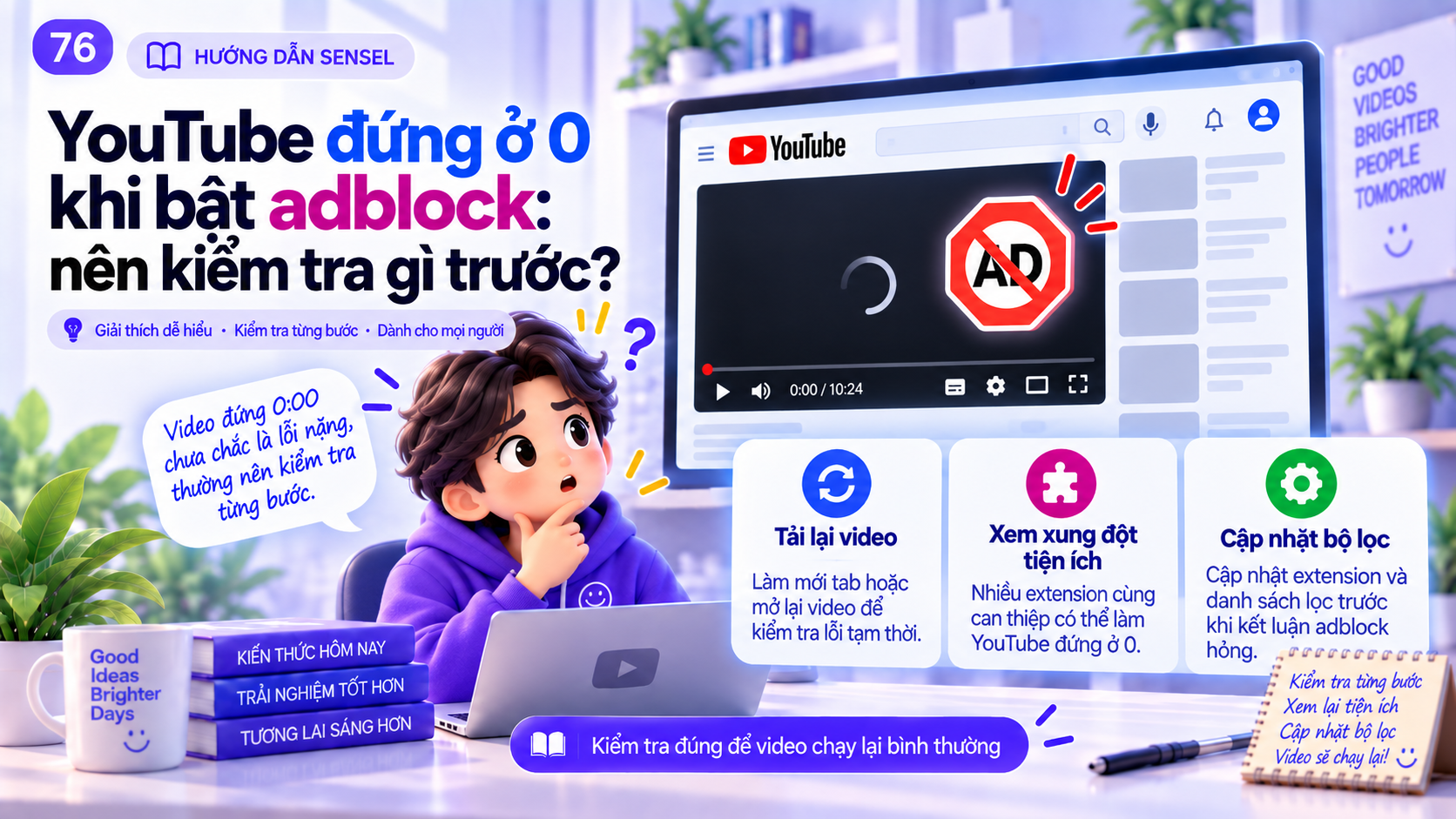 Minh họa trình phát YouTube dừng ở 0:00 khi bật adblock và checklist chẩn đoán playback