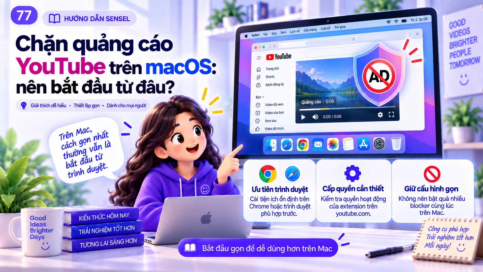 Minh họa máy Mac với Chrome, Safari và các lựa chọn giảm quảng cáo YouTube trên macOS