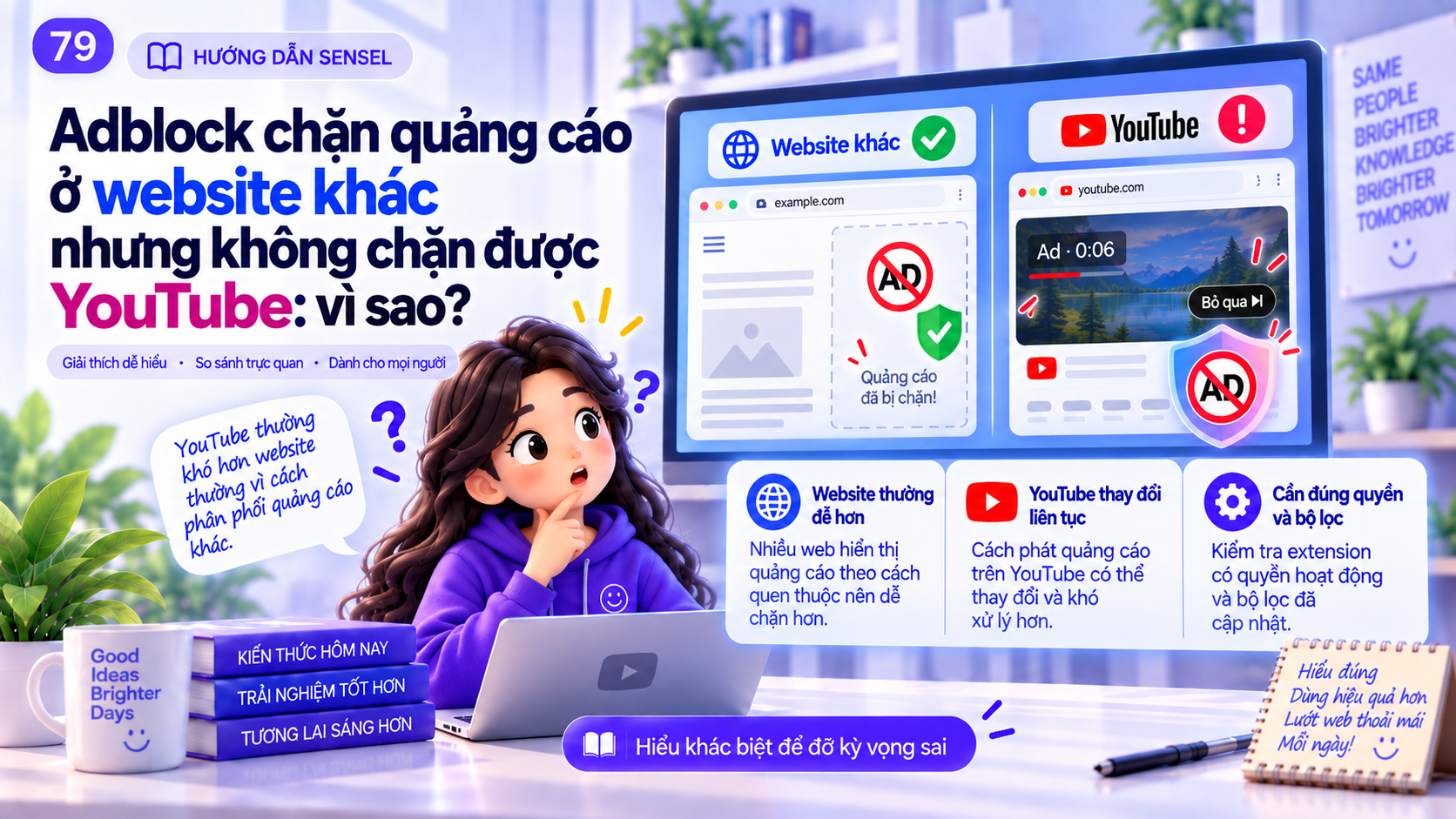 Minh họa adblock chặn quảng cáo trên website khác nhưng YouTube vẫn hiển thị quảng cáo cùng checklist kiểm tra