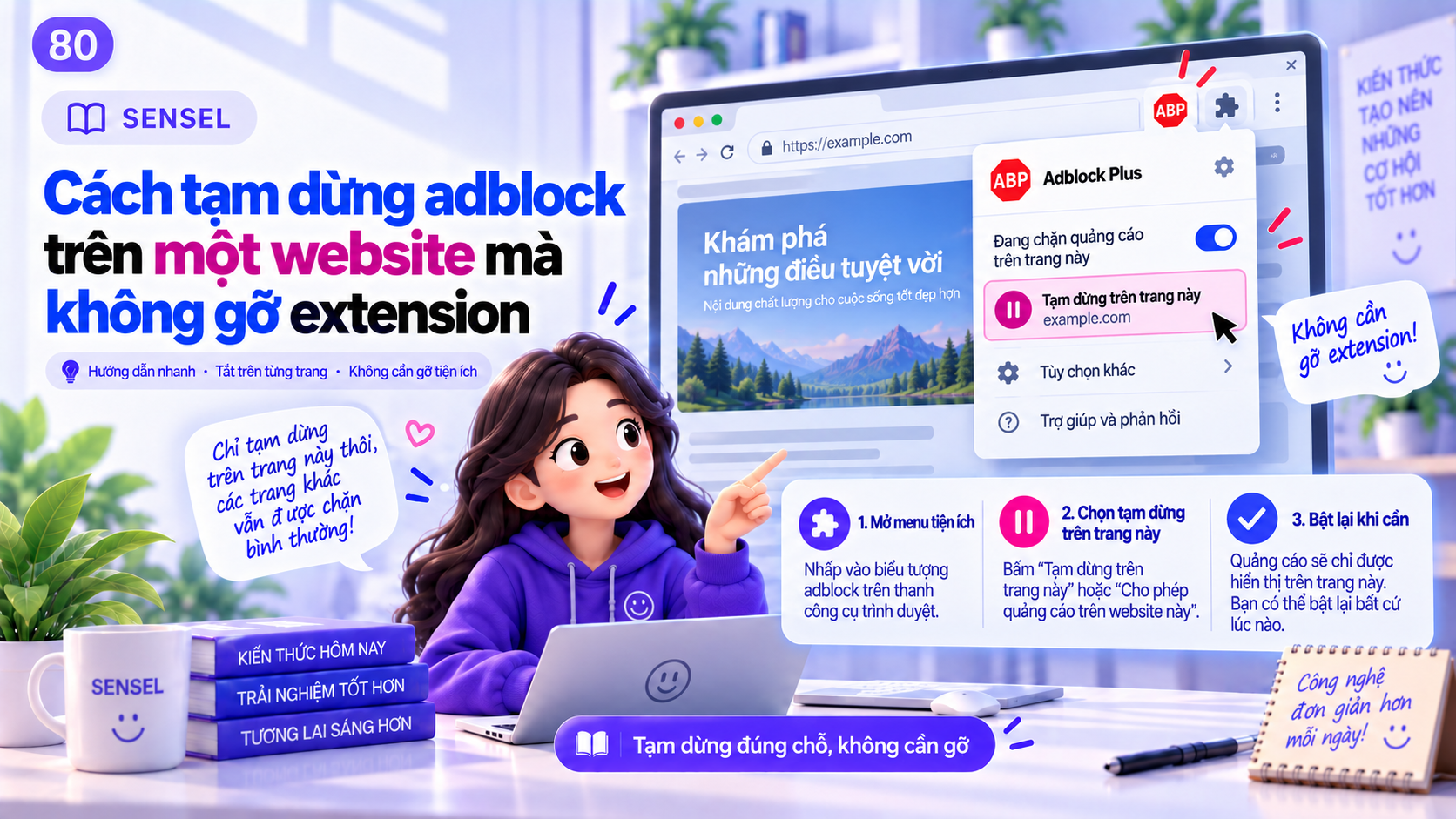 Minh họa menu extension trên Chrome với tùy chọn tạm dừng adblock riêng cho một website mà không gỡ tiện ích