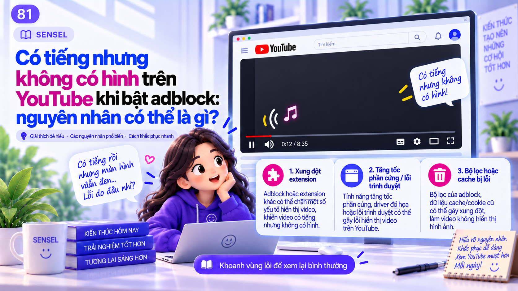 Minh họa YouTube vẫn phát âm thanh nhưng vùng video màu đen khi bật adblock cùng các bước khoanh vùng lỗi