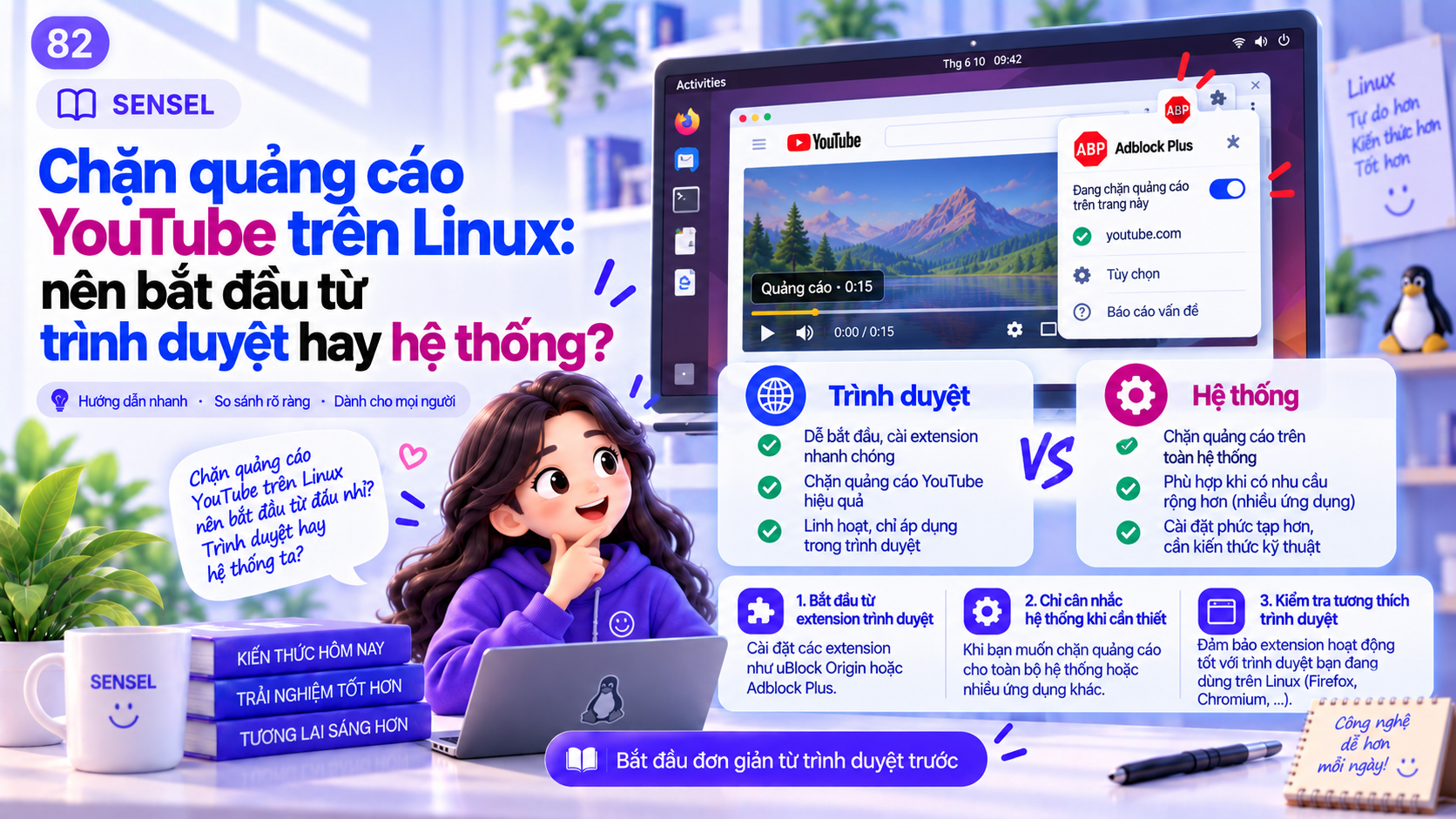 Minh họa máy Linux với YouTube trong trình duyệt và lựa chọn chặn quảng cáo ở cấp trình duyệt hoặc cấp hệ thống