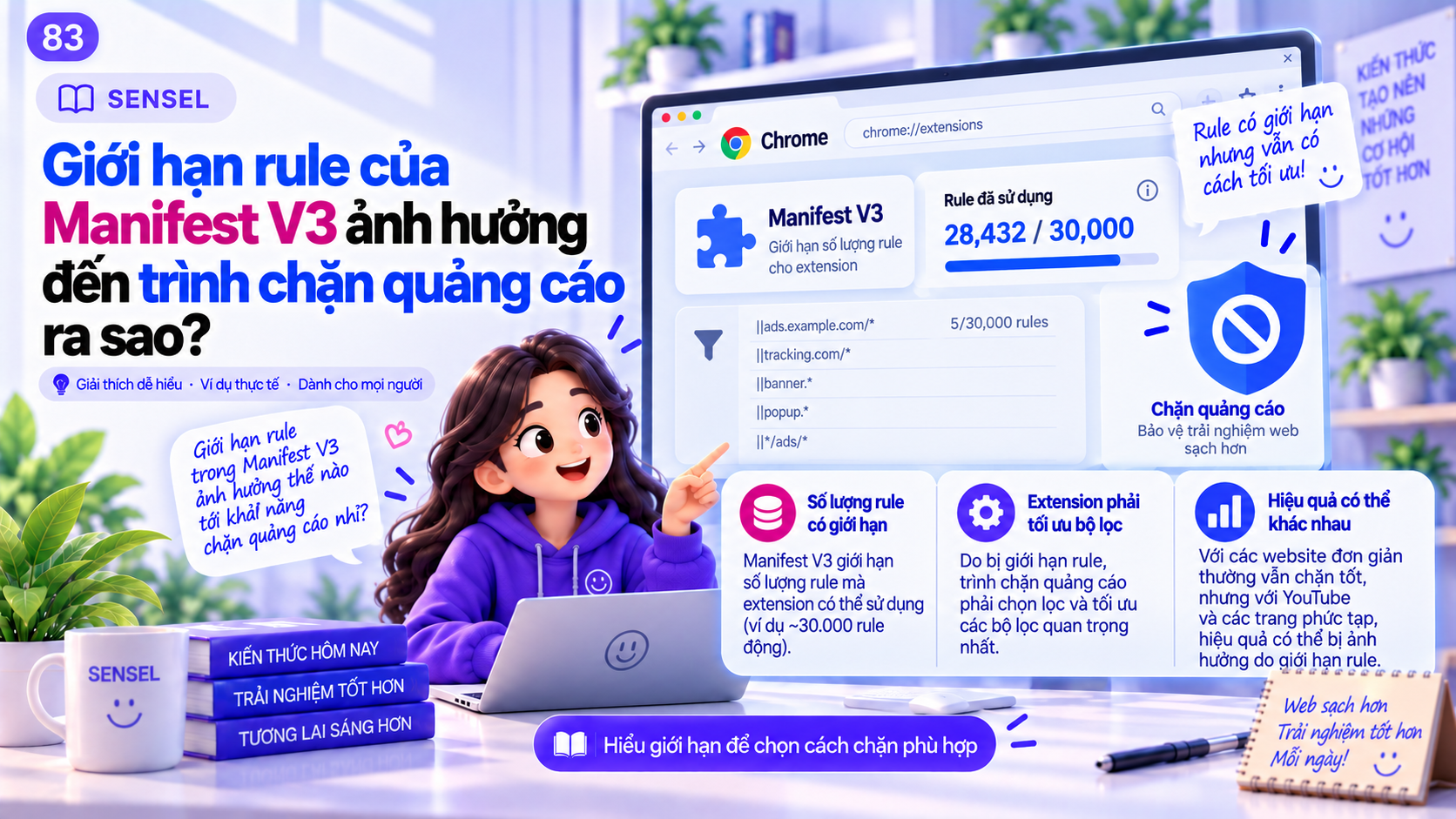 Minh họa Manifest V3 với bộ lọc quảng cáo, số lượng rule và khái niệm quota trong declarativeNetRequest