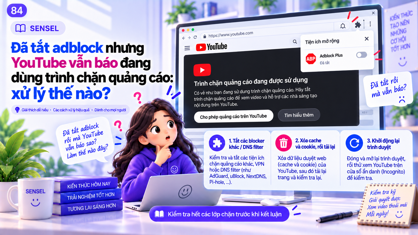 Minh họa YouTube vẫn hiển thị cảnh báo trình chặn quảng cáo dù adblock đã tắt cùng checklist kiểm tra các lớp lọc khác