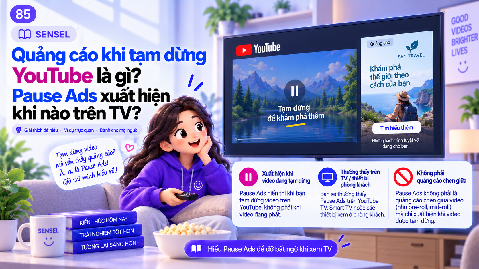 Minh họa video YouTube được tạm dừng trên TV và một quảng cáo Pause Ad xuất hiện ở cạnh nội dung