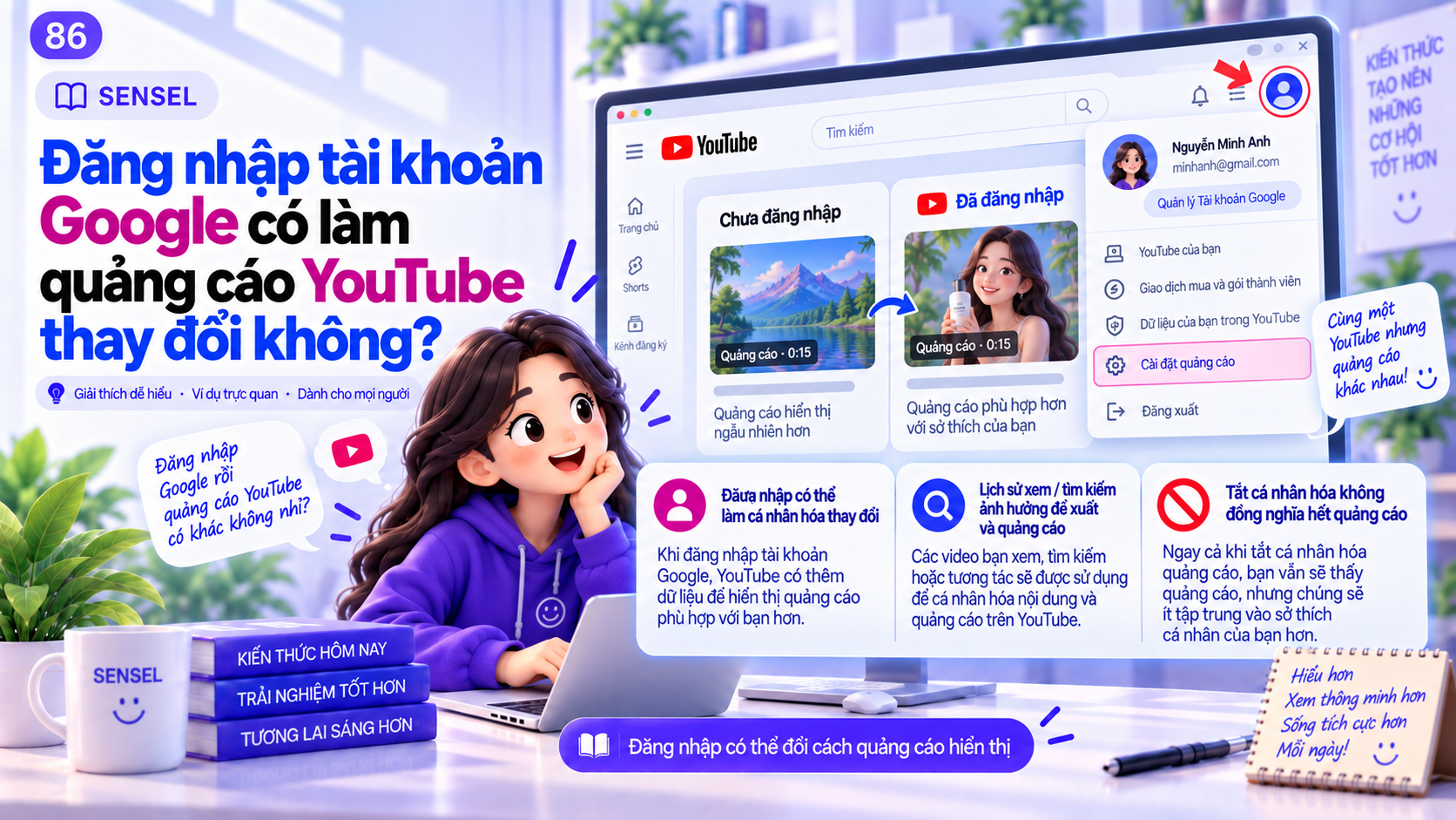Minh họa YouTube trước và sau khi đăng nhập tài khoản Google cùng phần cài đặt quảng cáo và cá nhân hóa