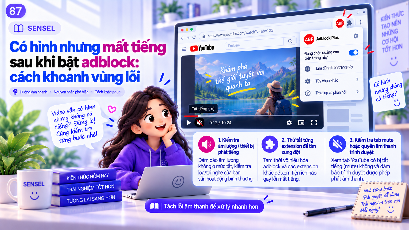 Minh họa YouTube vẫn có hình nhưng biểu tượng âm thanh bị tắt sau khi bật adblock cùng checklist khoanh vùng lỗi