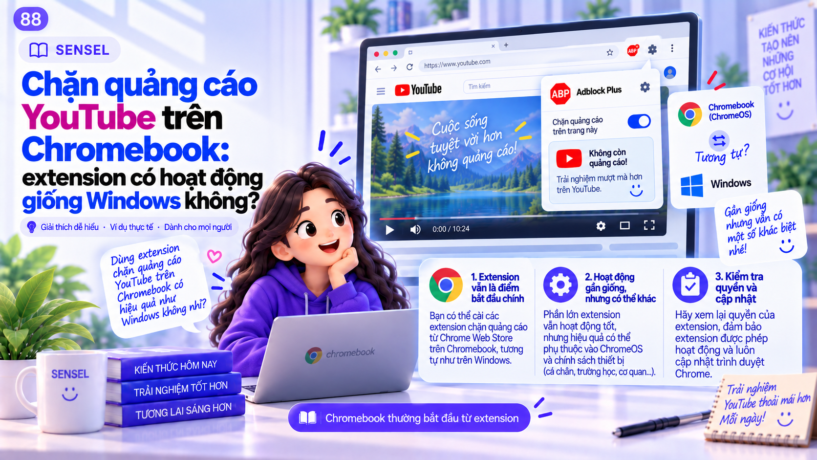 Minh họa Chromebook mở YouTube và extension chặn quảng cáo cùng bảng so sánh với Chrome trên Windows