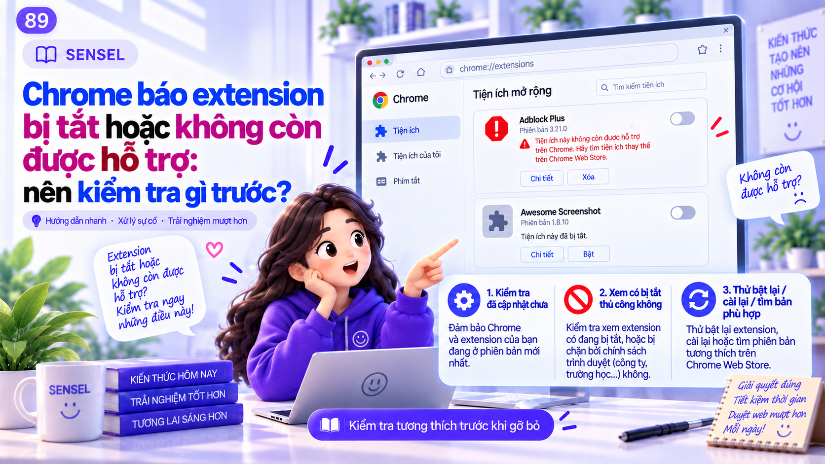 Minh họa trang chrome extensions với một tiện ích bị tắt và thông báo không còn được hỗ trợ cùng checklist kiểm tra