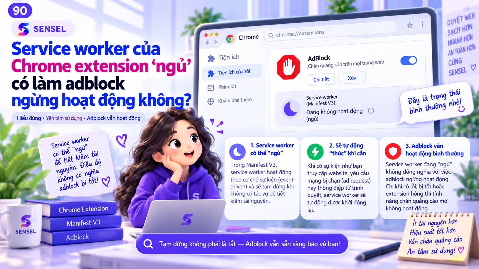Minh họa service worker của Chrome extension ở trạng thái ngủ và giải thích vì sao adblock vẫn có thể tiếp tục hoạt động bình thường