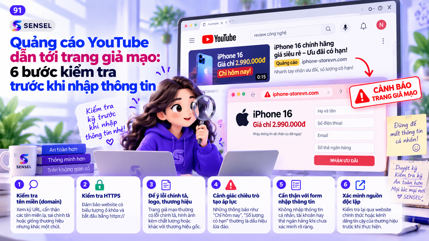 Minh họa người dùng kiểm tra đường dẫn và dấu hiệu trang giả mạo sau khi bấm vào quảng cáo YouTube