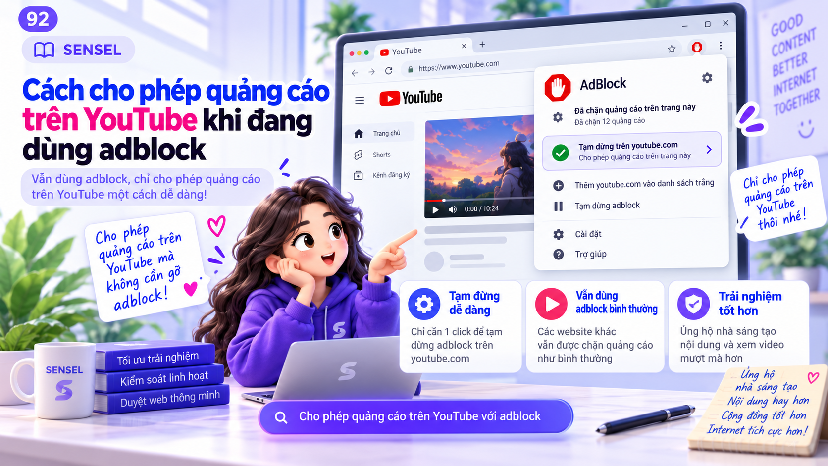 Minh họa người dùng cho phép quảng cáo trên YouTube bằng cách pause adblock hoặc thêm YouTube vào allowlist