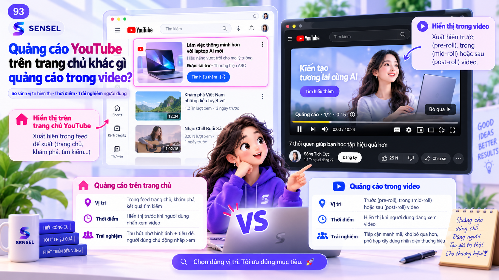 Minh họa sự khác nhau giữa quảng cáo YouTube trên trang chủ và quảng cáo xuất hiện trong trình phát video