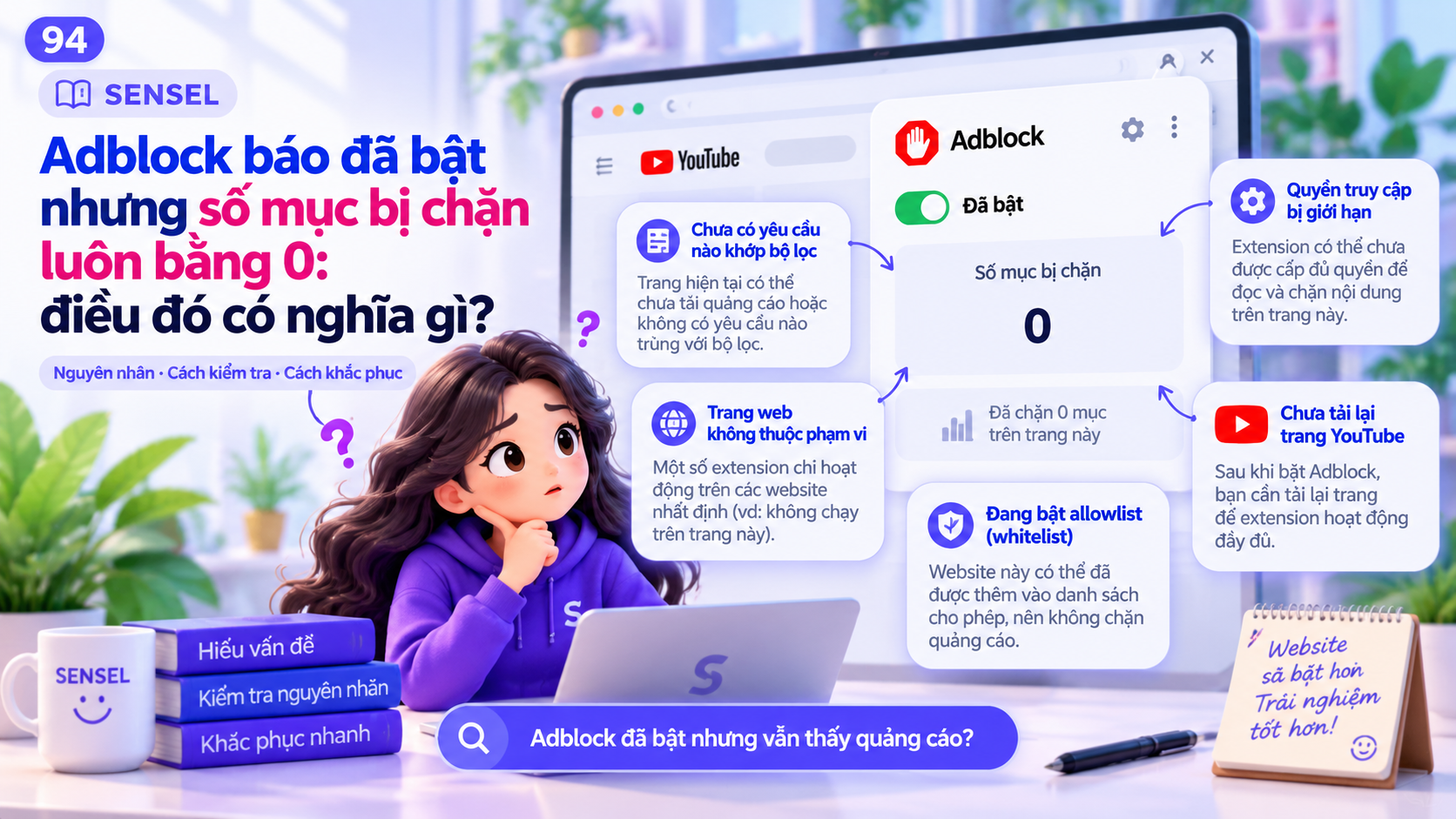 Minh họa extension adblock hiển thị đang bật nhưng bộ đếm mục bị chặn vẫn bằng 0 cùng các khả năng chẩn đoán