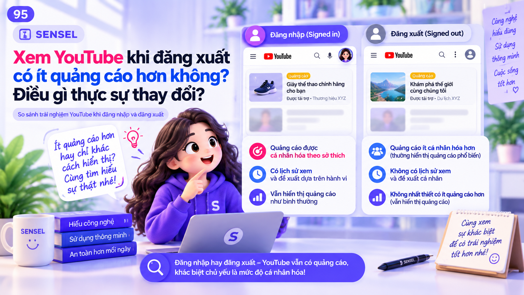 Minh họa so sánh xem YouTube khi đăng nhập và khi đăng xuất để giải thích điều gì thực sự thay đổi ở quảng cáo