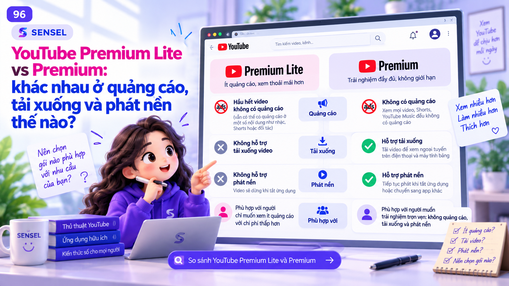 Minh họa bảng so sánh YouTube Premium Lite và YouTube Premium về quảng cáo, tải xuống và phát nền