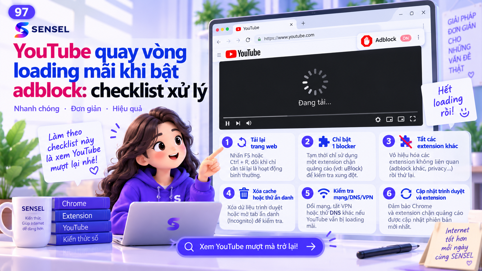 Minh họa YouTube quay vòng loading mãi khi bật adblock cùng checklist kiểm tra từng bước