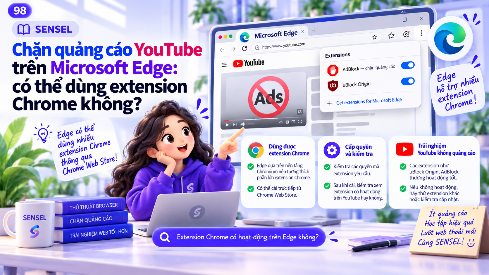 Minh họa chặn quảng cáo YouTube trên Microsoft Edge và việc sử dụng extension tương thích từ hệ sinh thái Chrome