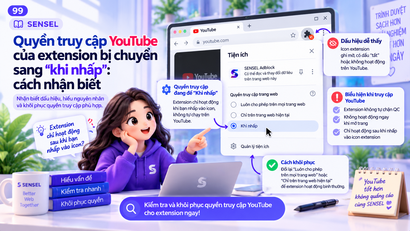 Minh họa quyền truy cập của extension trên YouTube bị chuyển sang chế độ khi nhấp và các dấu hiệu nhận biết