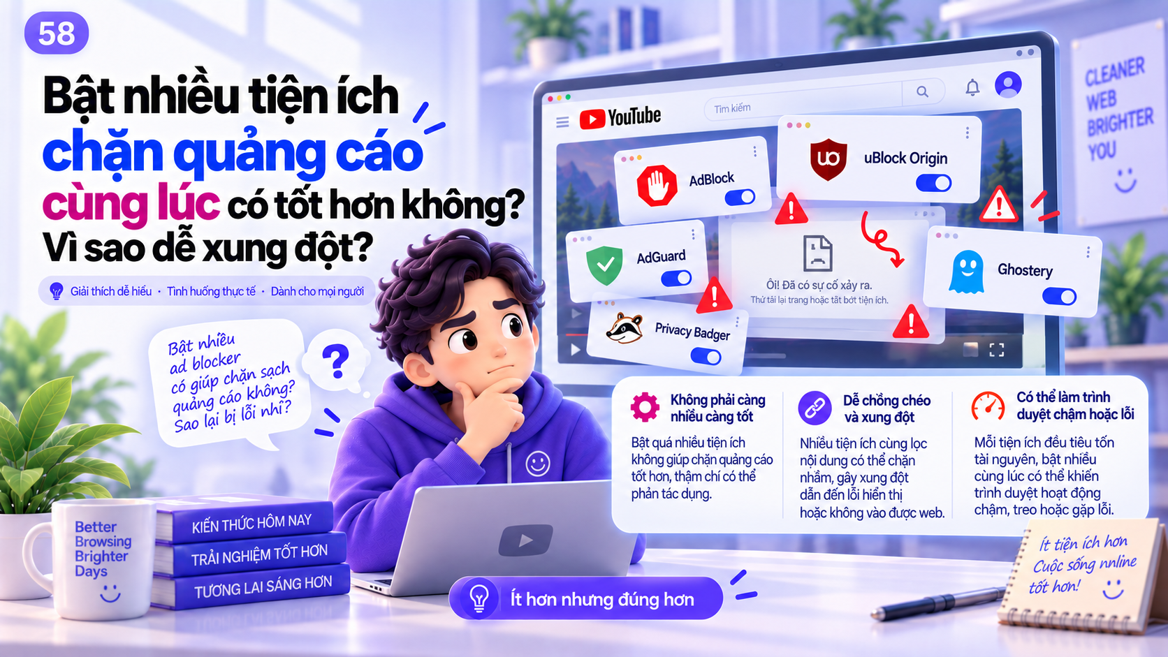Minh họa nhiều tiện ích chặn quảng cáo cùng tác động lên một trang YouTube và gây xung đột