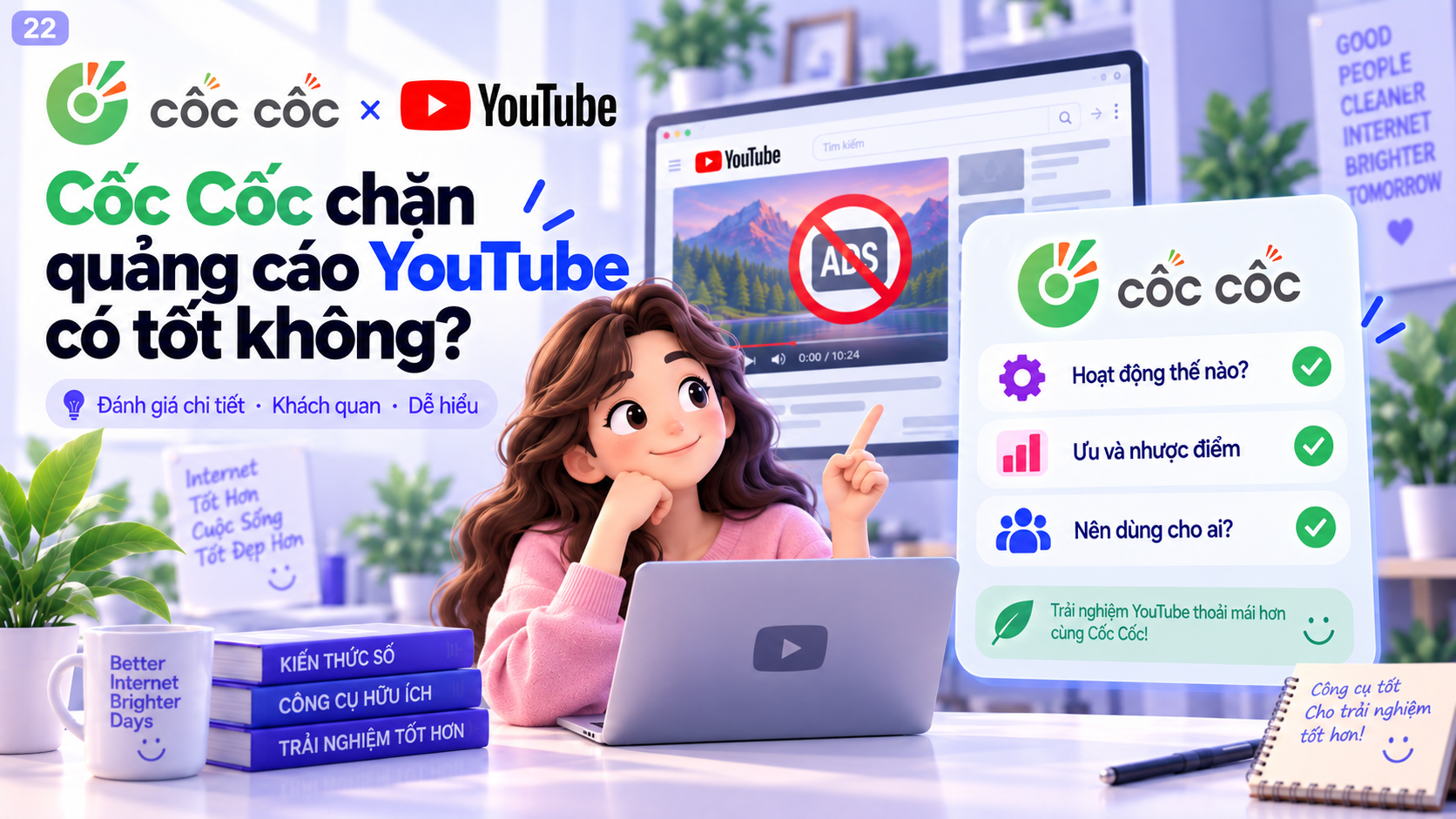 Minh họa đánh giá Cốc Cốc chặn quảng cáo YouTube với các tiêu chí hoạt động, ưu nhược điểm và người dùng phù hợp