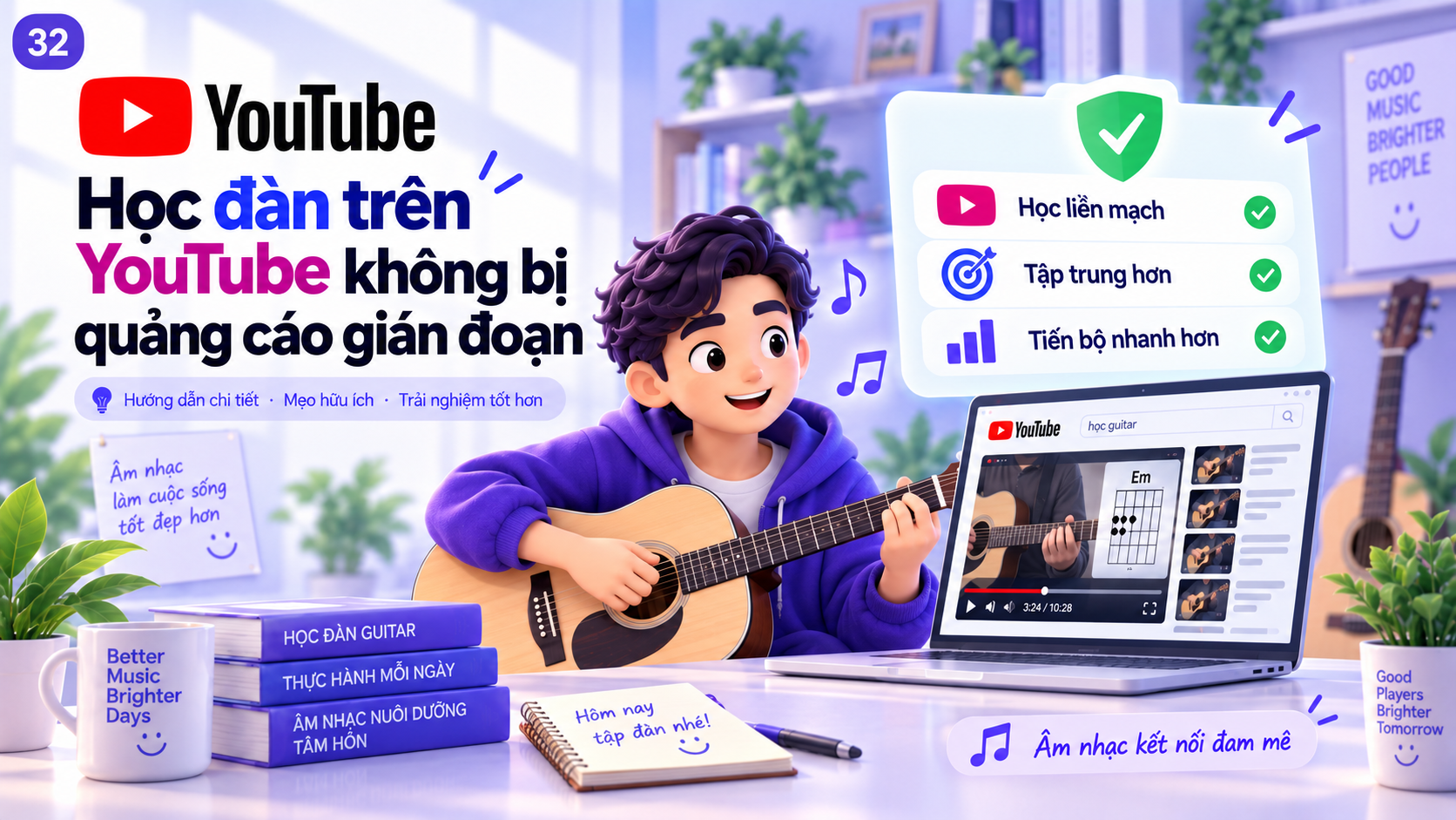 Minh họa học guitar theo YouTube với bài học liền mạch, tập trung và ít bị quảng cáo làm gián đoạn