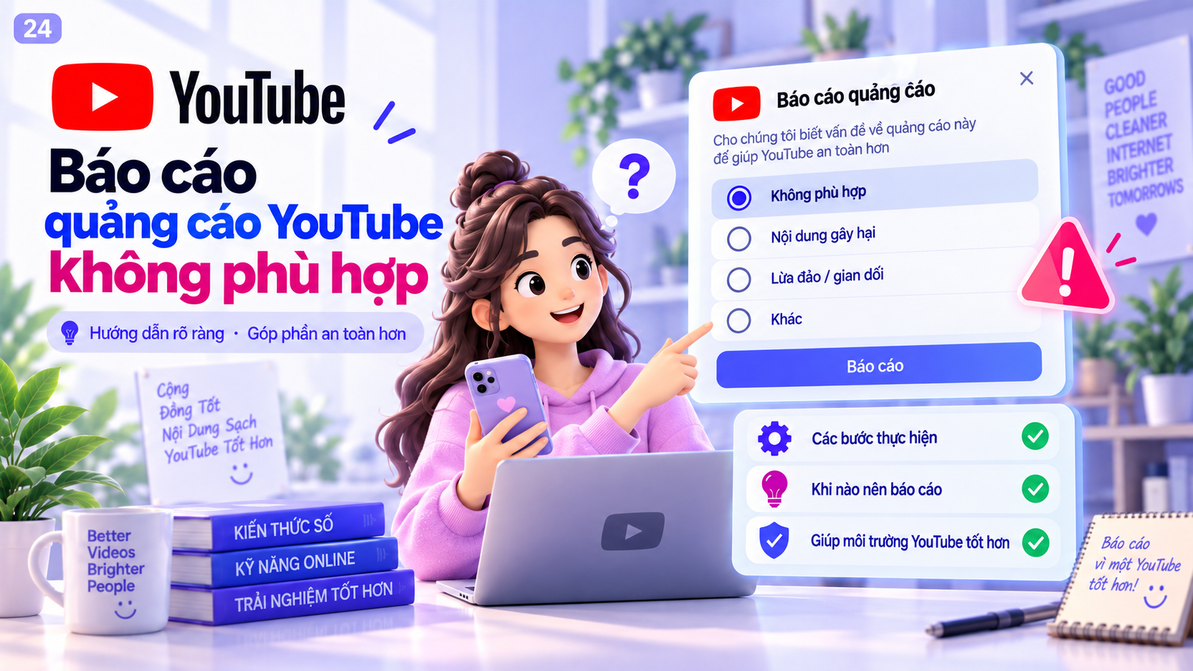 Minh họa thao tác báo cáo quảng cáo YouTube không phù hợp và chọn lý do report ad
