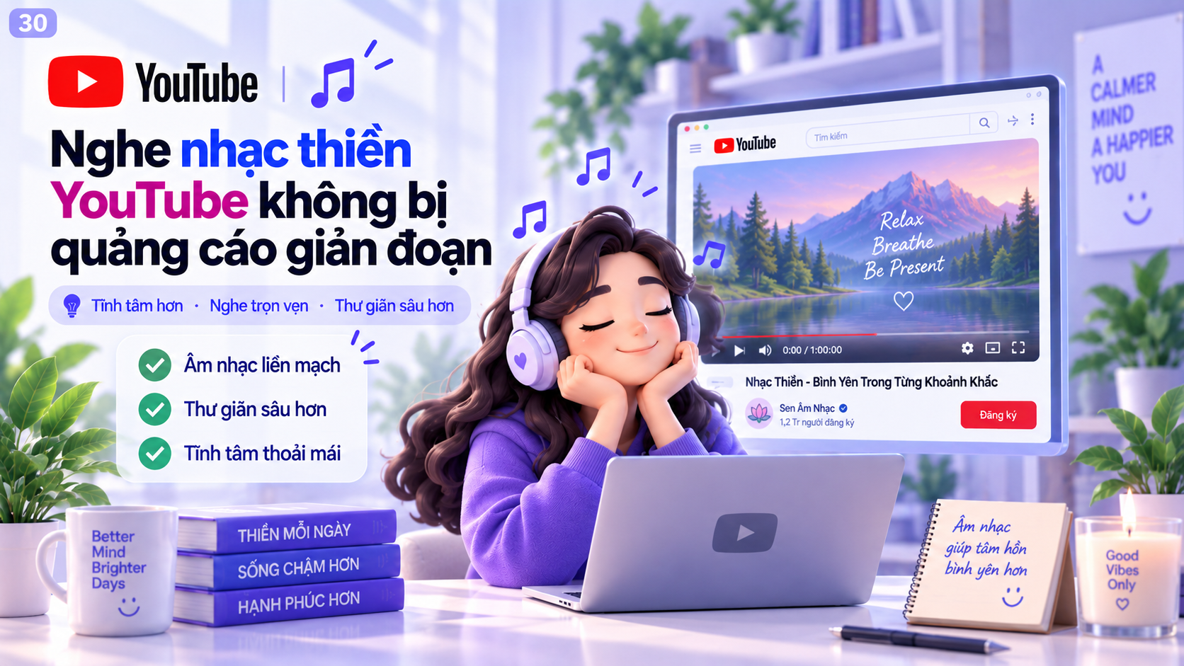 Minh họa nghe nhạc thiền YouTube thư giãn với tai nghe và một phiên nghe dài trên máy tính
