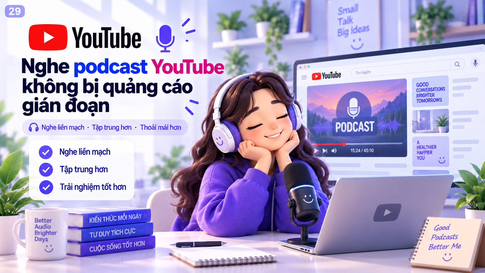 Minh họa nghe podcast YouTube liền mạch với tai nghe và máy tính trong một phiên nghe dài