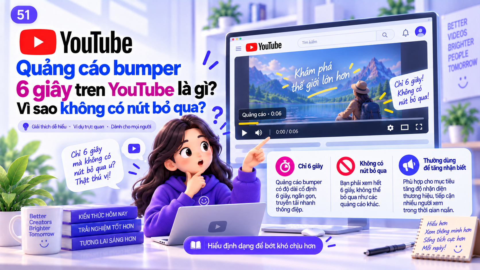 Minh họa quảng cáo bumper 6 giây trên YouTube với bộ đếm ngắn và không có nút bỏ qua