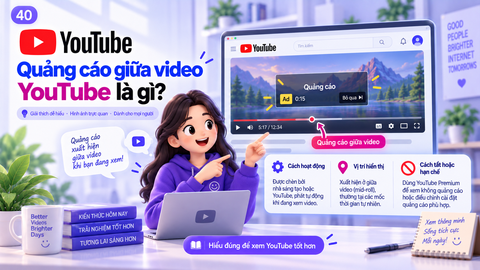 Minh họa quảng cáo giữa video YouTube xuất hiện tại một điểm mid-roll trong thanh thời gian phát