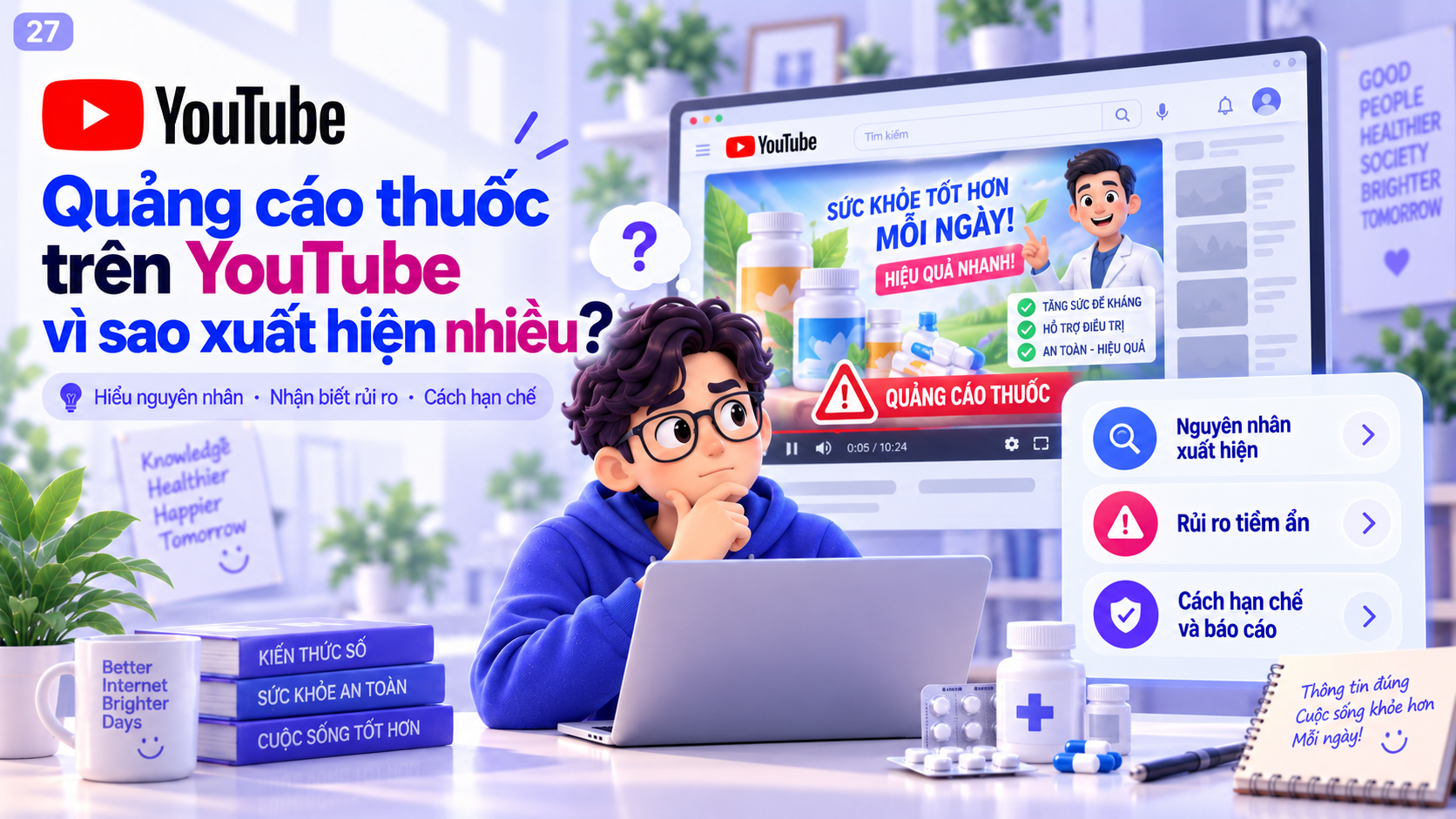 Minh họa người dùng thắc mắc vì sao quảng cáo thuốc xuất hiện trên YouTube và cách nhận biết rủi ro
