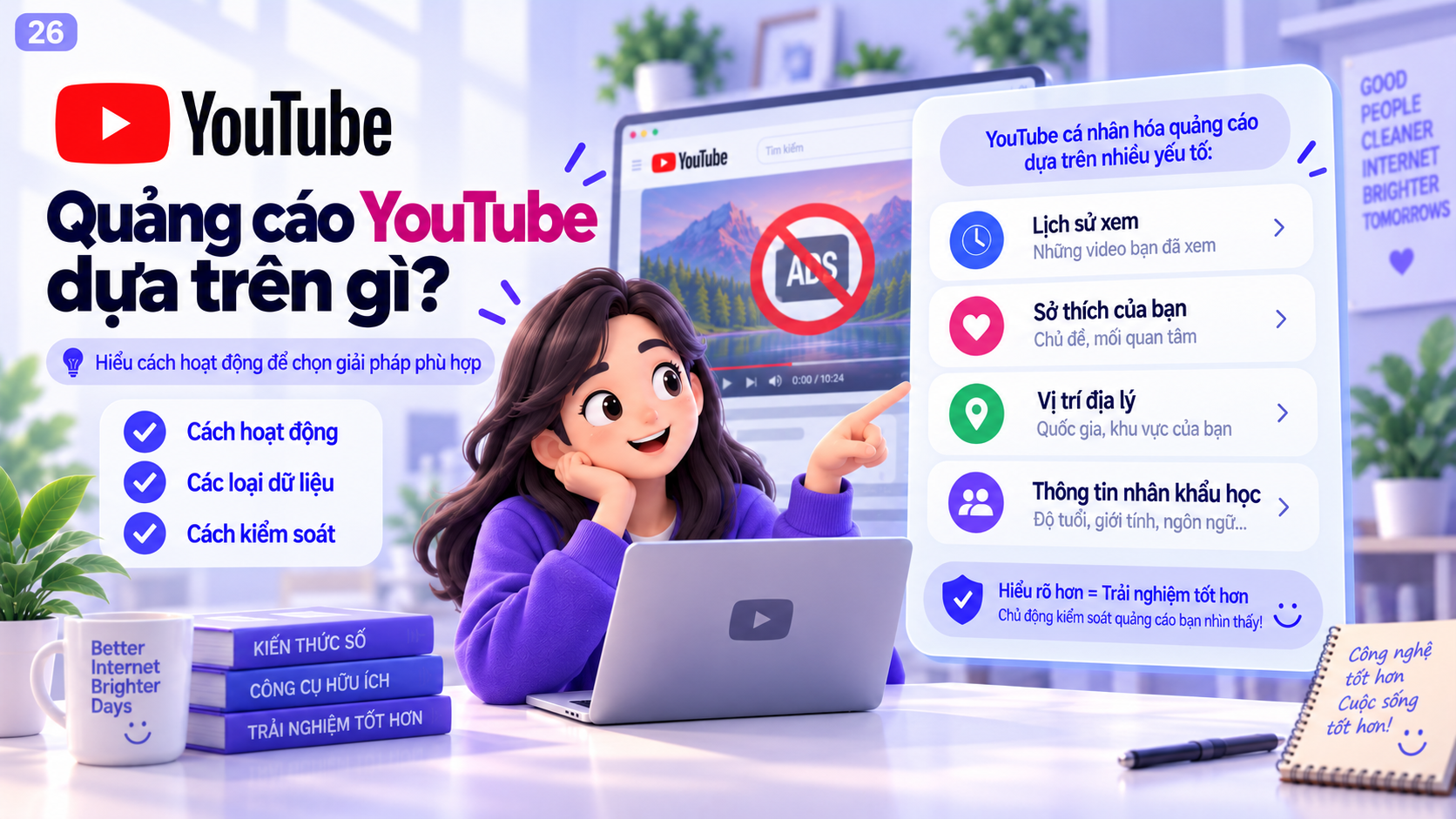 Minh họa các yếu tố YouTube có thể dùng để chọn quảng cáo như lịch sử, sở thích, vị trí và thông tin tài khoản