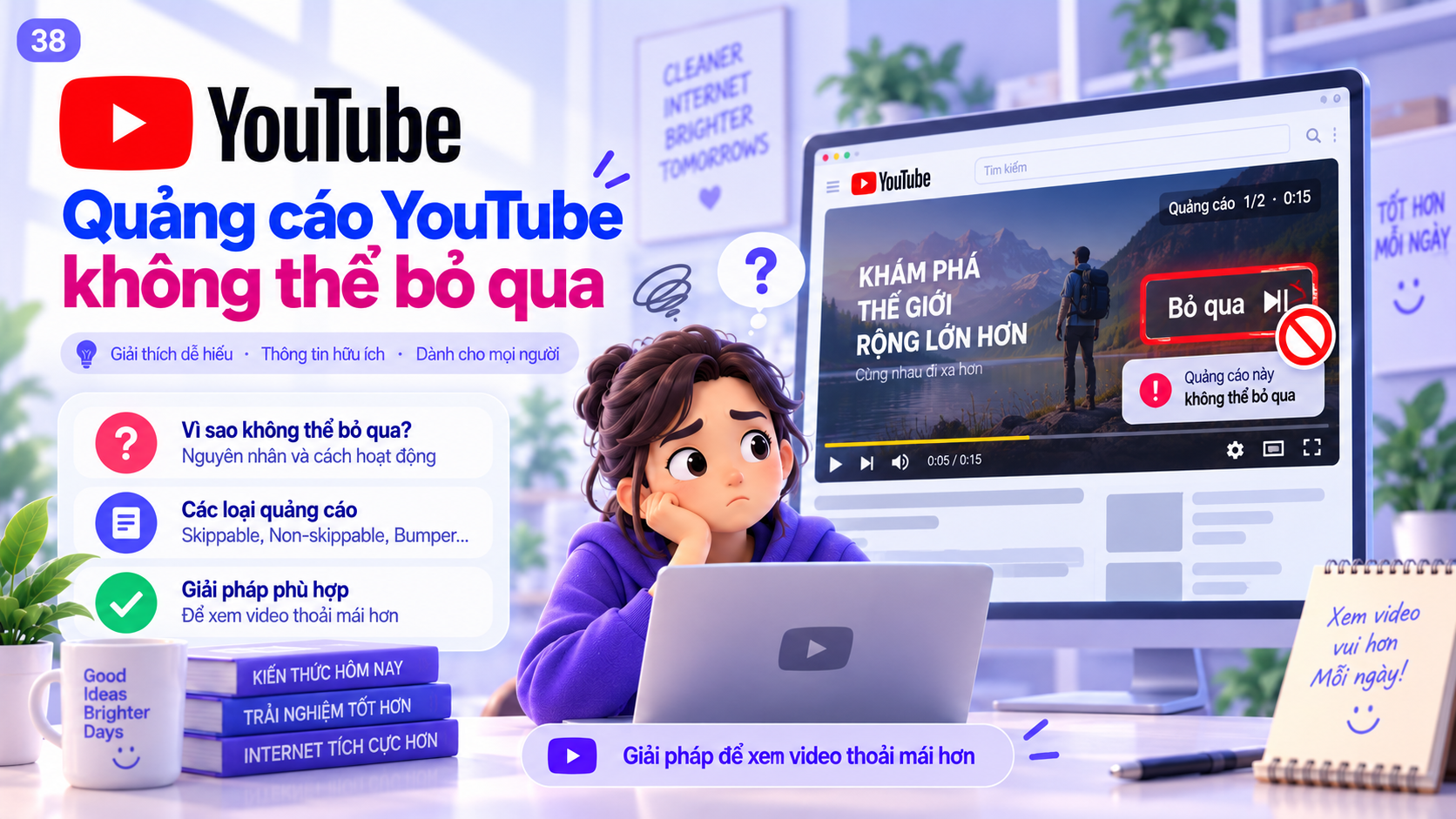 Minh họa quảng cáo YouTube không thể bỏ qua với nút Skip bị vô hiệu và người xem chờ quảng cáo kết thúc