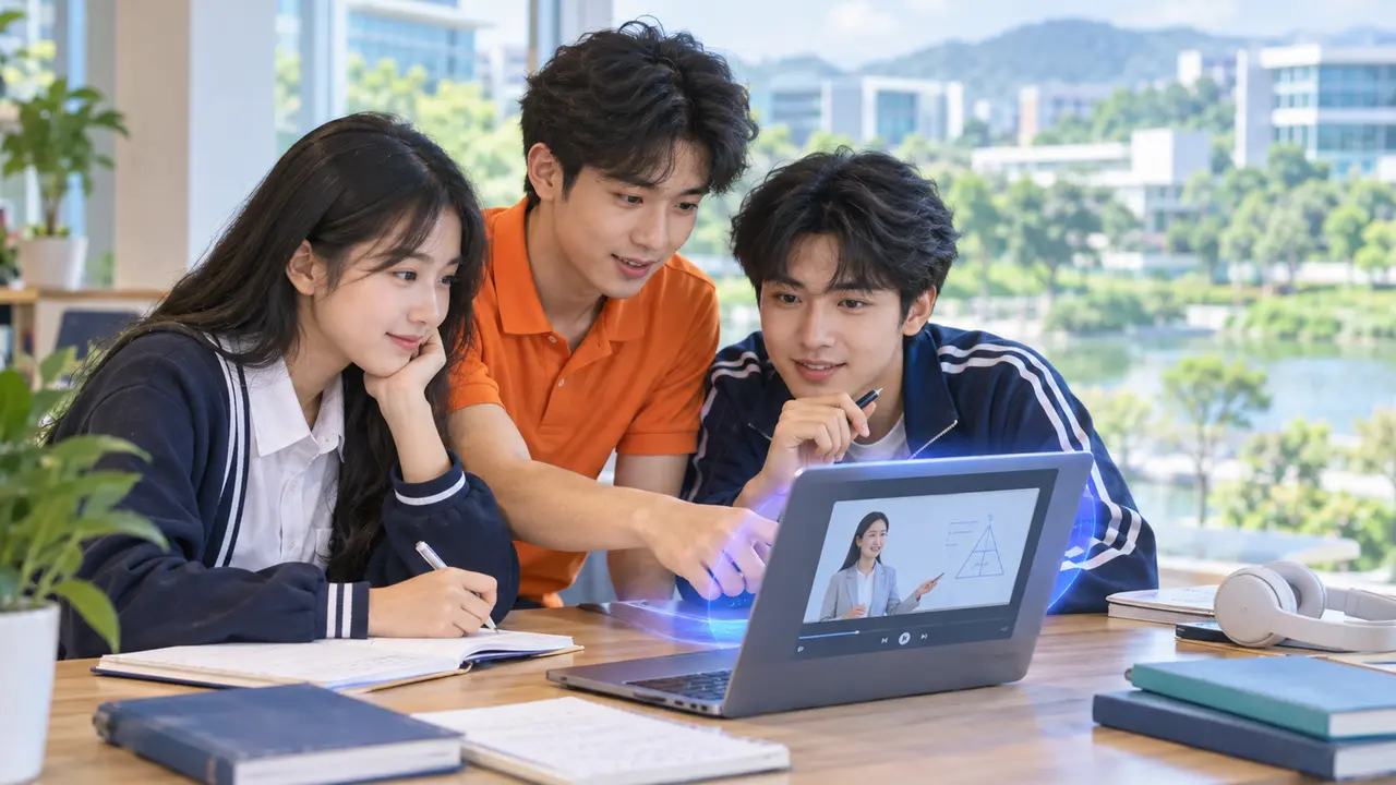 Nhóm học sinh sinh viên Việt Nam cùng học qua YouTube trên laptop trong không gian trường học
