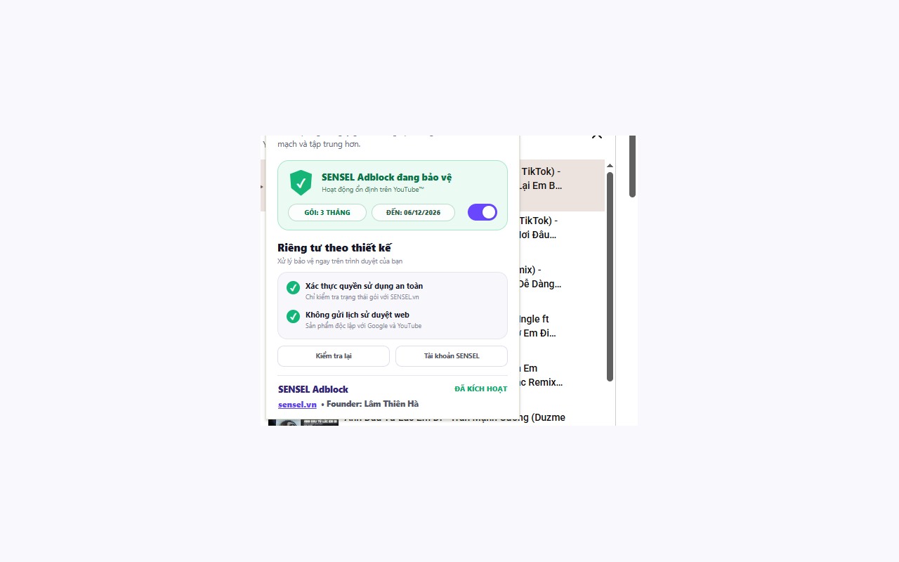 Phần quyền riêng tư và kiểm tra quyền sử dụng trong SENSEL Adblock