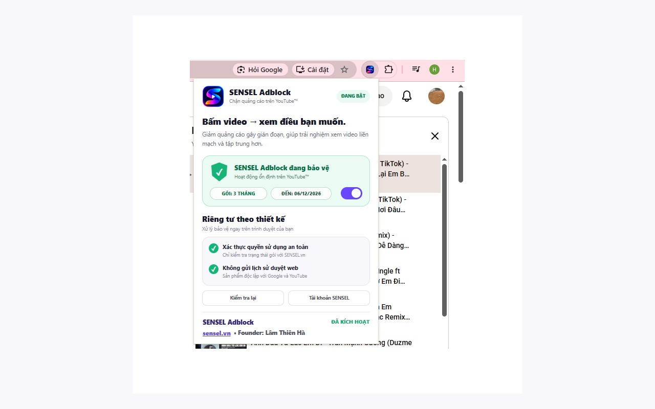 Popup SENSEL Adblock thực tế trên Chrome hiển thị trạng thái đang bật