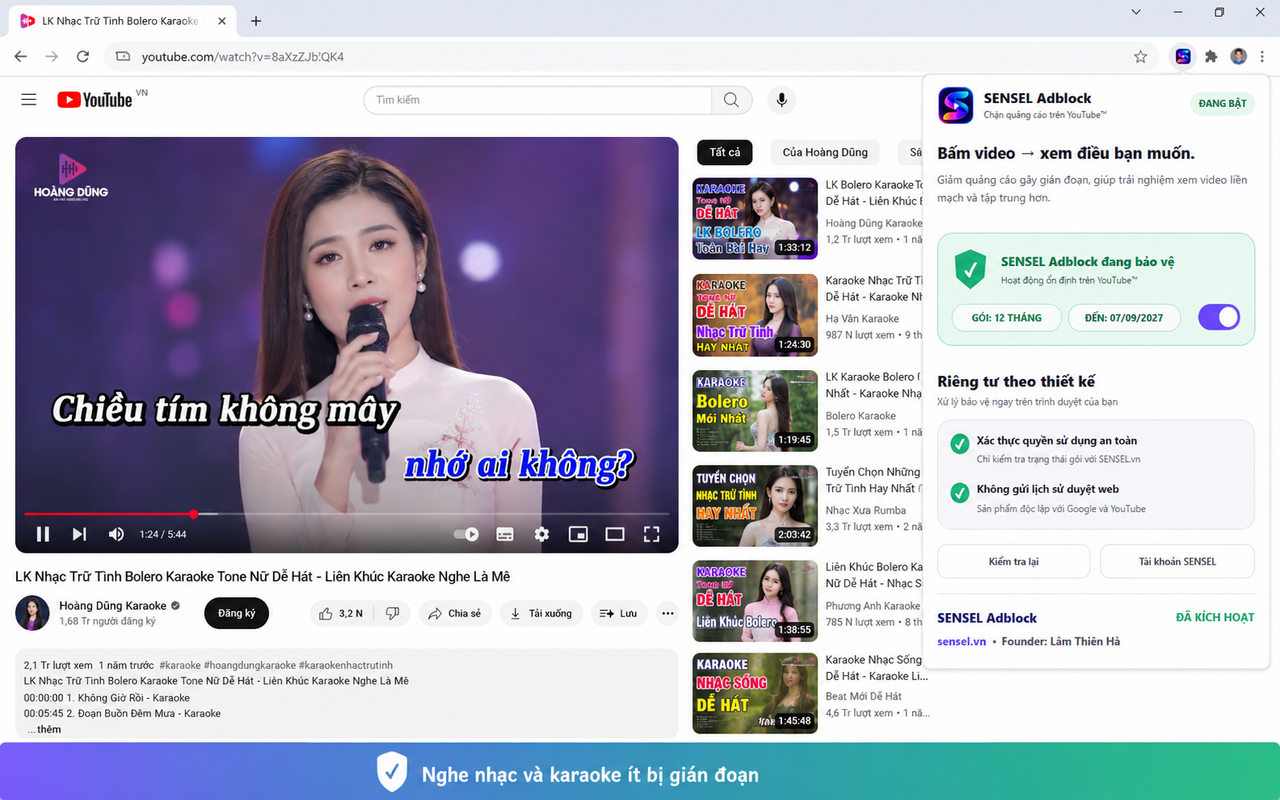 Nghe nhạc karaoke YouTube với SENSEL Adblock đang bật