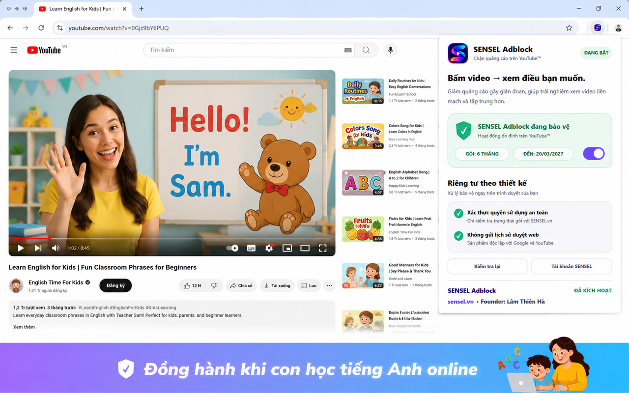 Trẻ học tiếng Anh trên YouTube với SENSEL Adblock đang bật