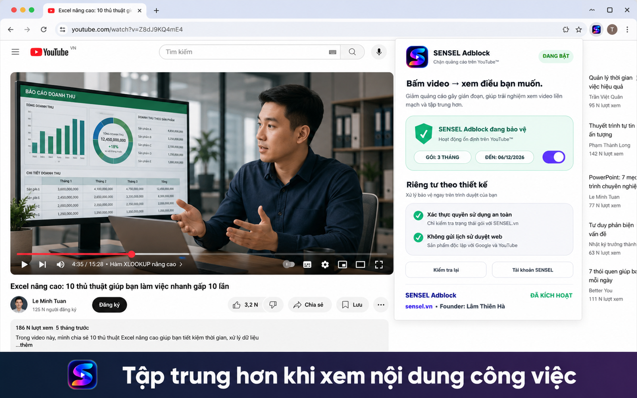 Xem video Excel và nội dung công việc trên YouTube với SENSEL Adblock