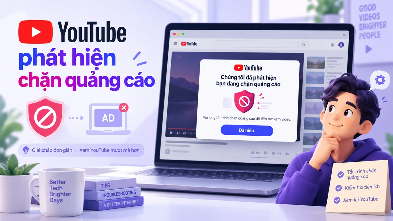 Minh họa YouTube phát hiện trình chặn quảng cáo trên trình duyệt máy tính