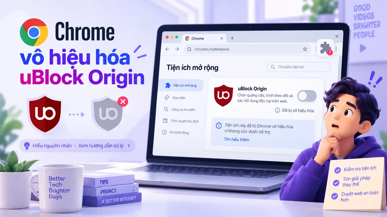 Minh họa Chrome vô hiệu hóa uBlock Origin trong trang quản lý tiện ích