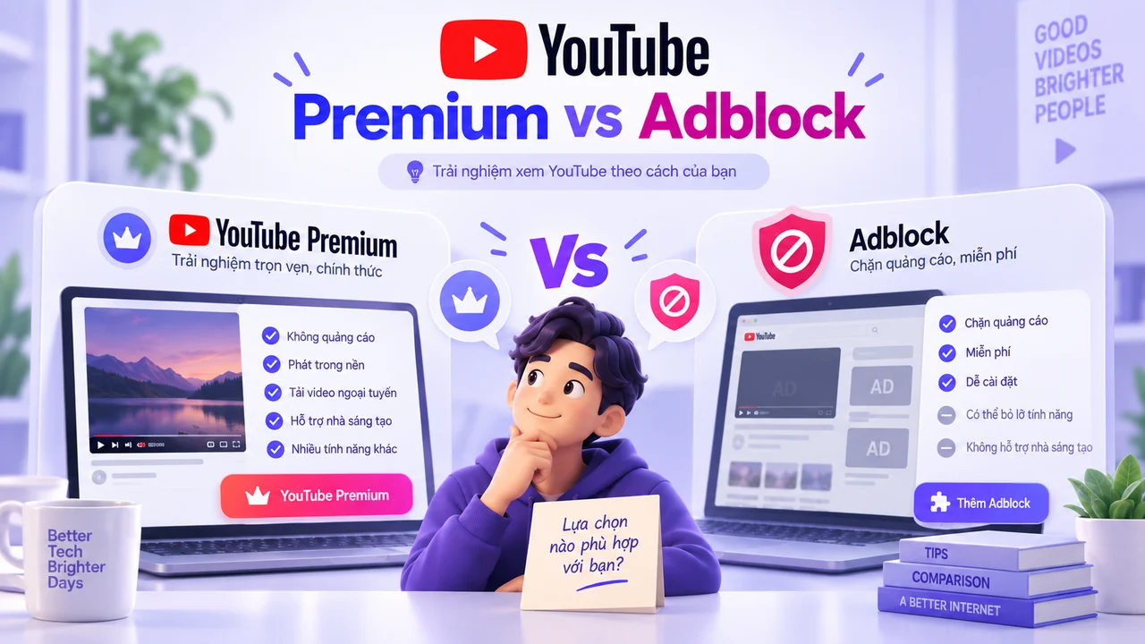 Minh họa so sánh YouTube Premium và Adblock trên máy tính