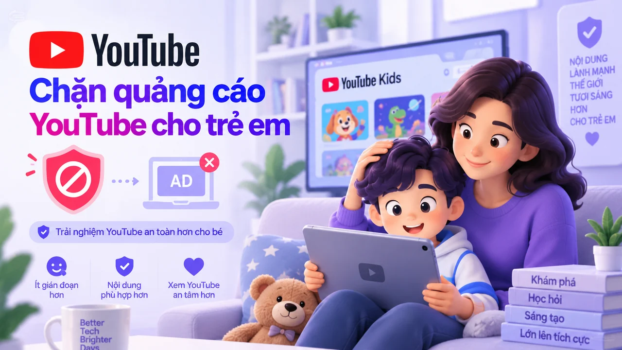 Minh họa phụ huynh cùng trẻ xem YouTube với lớp bảo vệ quảng cáo