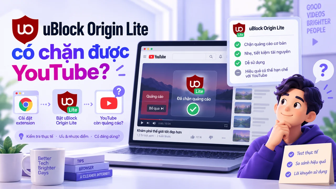 Minh họa kiểm tra uBlock Origin Lite có chặn quảng cáo YouTube trên Chrome hay không