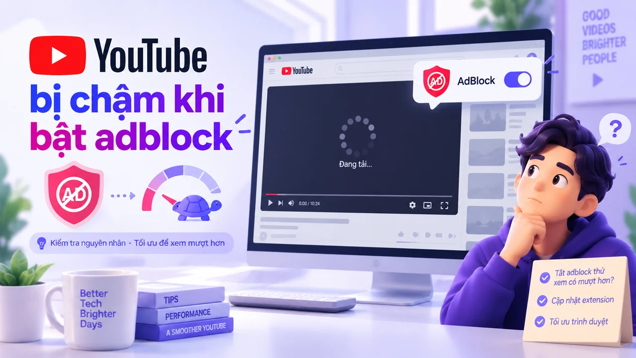 Minh họa YouTube tải chậm khi bật adblock và người dùng kiểm tra hiệu năng