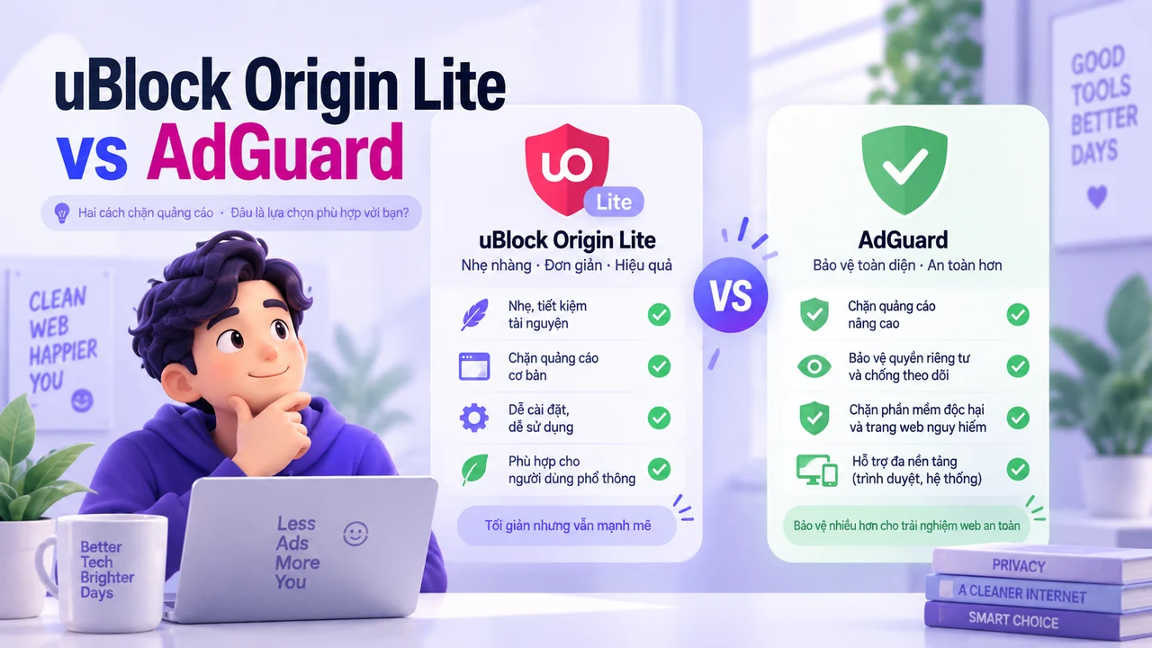 Minh họa so sánh uBlock Origin Lite và AdGuard trên Chrome